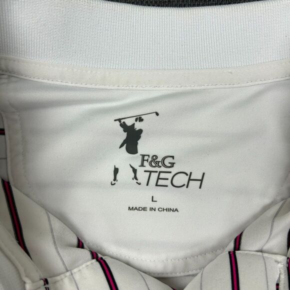 Fairway & Greene Polo Shirt Mens Large Tech Performance White Pink Striped Logo - Picture 4 of 8